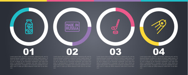 Set line Pickled cucumbers in a jar, Made Russia, Ice hockey stick and puck and Satellite. Business infographic template. Vector