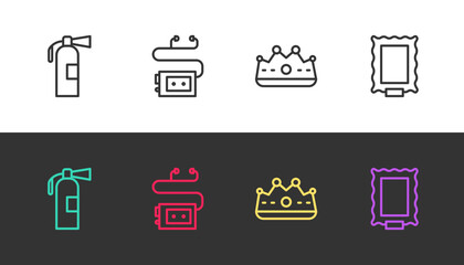 Set line Fire extinguisher, Museum audio guide, King crown and Picture on black and white. Vector