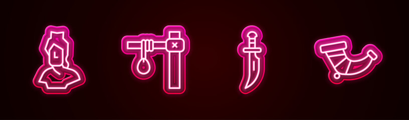 Set line Ancient bust sculpture, Gallows, Dagger and Hunting horn. Glowing neon icon. Vector
