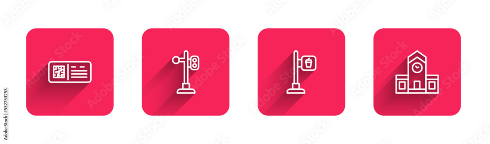 Poster set line qr code ticket train, train traffic light, cafe and restaurant location and railway station