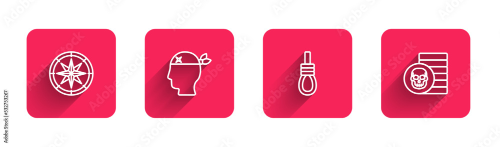 Poster Set line Compass, Pirate captain, Gallows rope loop hanging and coin with long shadow. Red square button. Vector