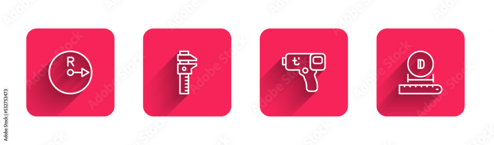Poster set line radius, calliper or caliper and scale, digital thermometer and diameter with long shadow. r