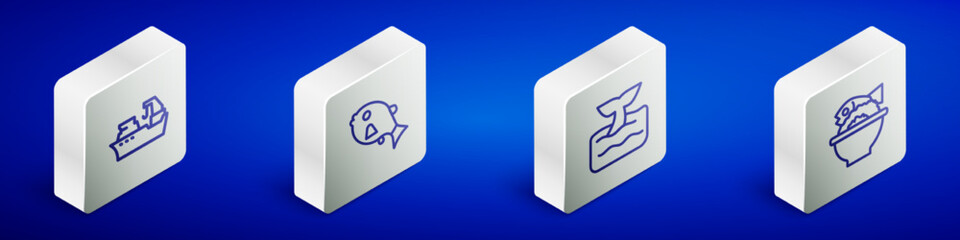 Set Isometric line Fishing boat, Tropical fish, Whale tail ocean wave and Served on bowl icon. Vector