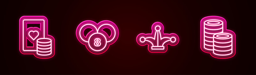Set line Casino chip and playing cards, Lottery ball on bingo, Joker and chips. Glowing neon icon. Vector