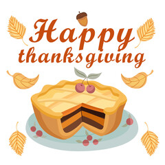 Vector illustration with pie and leaves. Thanksgiving, harvest festival clipart with vegetables, flowers and fruits.