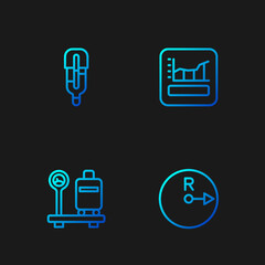 Set line Radius, Scale with suitcase, Medical thermometer and Graph, schedule, chart, diagram. Gradient color icons. Vector