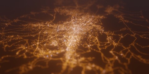 Street lights map of Skopje (North Macedonia) with tilt-shift effect, view from west. Imitation of macro shot with blurred background. 3d render, selective focus