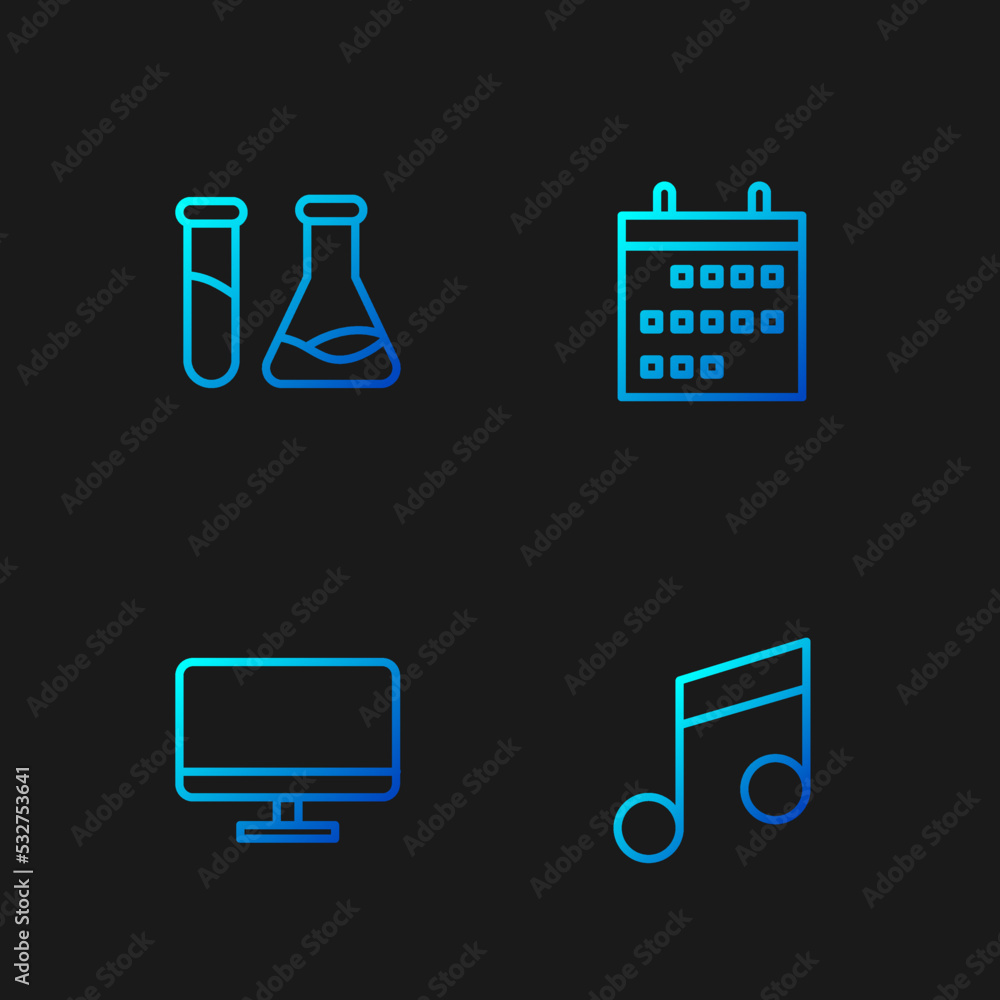 Poster set line music note, tone, computer monitor screen, test tube and flask and calendar. gradient color