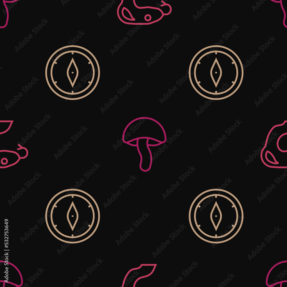 Poster set line snake, compass and mushroom on seamless pattern. vector
