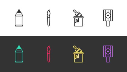 Set line Paint spray can, brush, bucket with and Spray nozzle cap on black and white. Vector