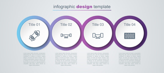 Set line Longboard or skateboard, Skateboard wheel, and . Business infographic template. Vector