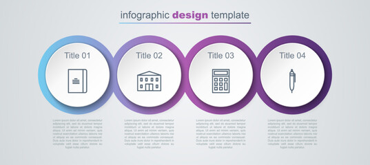 Set line Spiral notebook, School building, Calculator and Pen. Business infographic template. Vector
