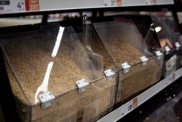 Sale of cereals in the store. Grocery.Pasta and millet, mill on the counter in the store. High-quality photography