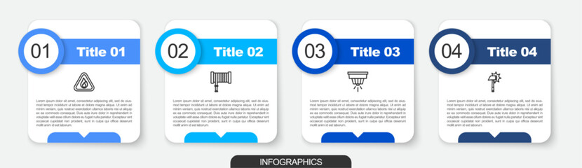 Set line Fire flame in triangle, hose reel, Smoke alarm system and Firefighter axe. Business infographic template. Vector