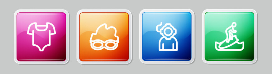 Set line Swimsuit, Glasses for swimming, Aqualung and Surfboard. Colorful square button. Vector