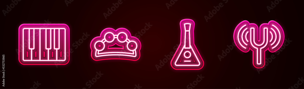 Poster set line music synthesizer, tambourine, balalaika and musical tuning fork. glowing neon icon. vector