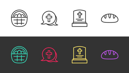 Set line Basket with easter eggs, Christian cross, Grave tombstone and bread on black and white. Vector