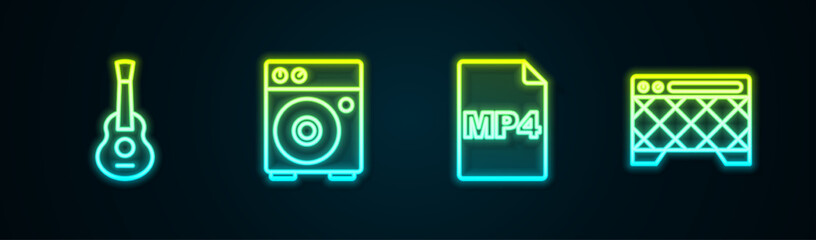 Set line Guitar, amplifier, MP4 file document and . Glowing neon icon. Vector