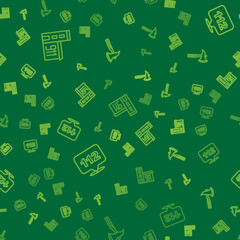 Set line Building of fire station, Emergency call and Firefighter axe on seamless pattern. Vector