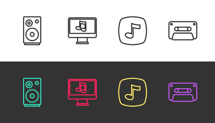 Set line Stereo speaker, Computer with music note, Music note, tone and Retro audio cassette tape on black and white. Vector