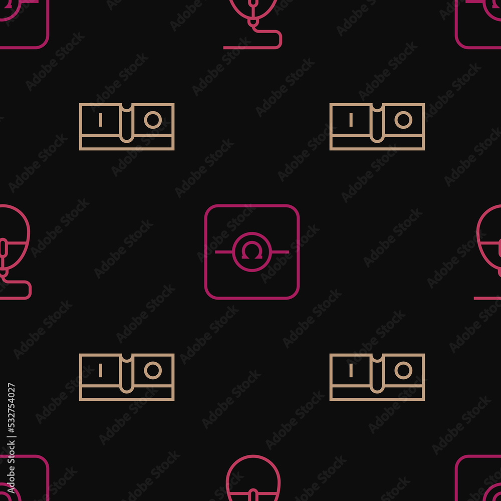 Poster set line computer mouse, electric light switch and ohmmeter on seamless pattern. vector