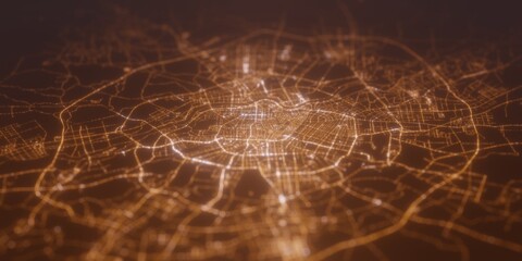 Street lights map of Shenyan (China) with tilt-shift effect, view from north. Imitation of macro shot with blurred background. 3d render, selective focus