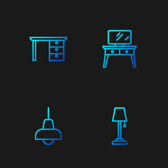 Set line Floor lamp, Lamp hanging, Office desk and Dressing table. Gradient color icons. Vector