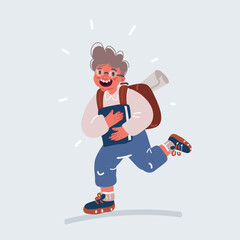 Cartoon vector illustration of running schoolboy run to the school