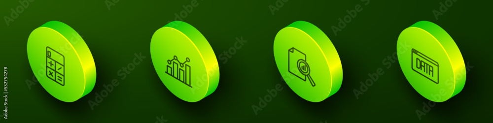 Poster set isometric line calculator, pie chart infographic, document with and data analysis icon. vector