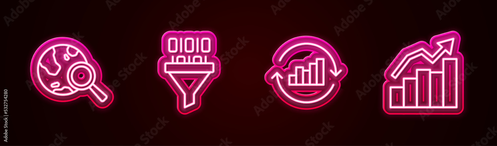 Poster set line search globe, binary code, pie chart infographic and financial growth. glowing neon icon. v