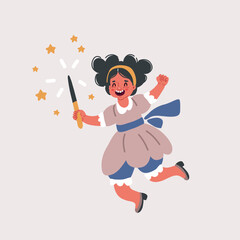 Cartoon vector illustration of charming sweet schoolgirl dressed holding fairy wand