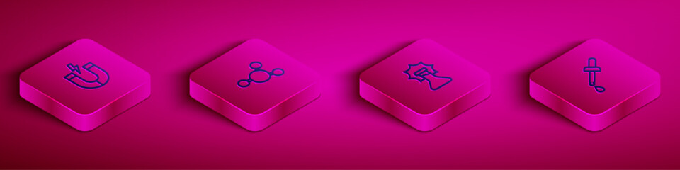 Set Isometric line Magnet, Molecule, Explosion in the flask and Pipette icon. Vector