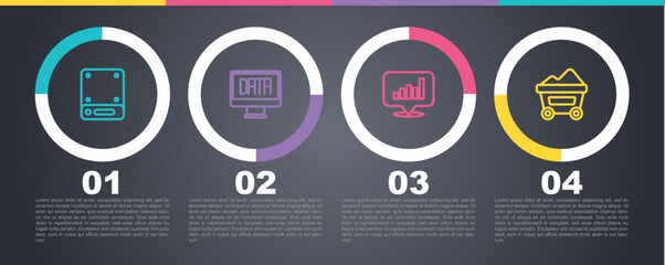 Set line Server, Data analysis, Pie chart infographic and Coal mine trolley. Business infographic template. Vector