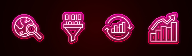 Set line Search globe, Binary code, Pie chart infographic and Financial growth. Glowing neon icon. Vector