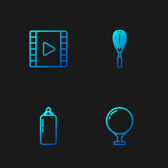 Set line Golf ball on tee, Punching bag, Play Video and Kitchen whisk. Gradient color icons. Vector