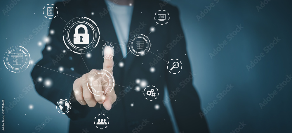 Poster cloud computing technology concept. internet storage network system. big data and business. man wear