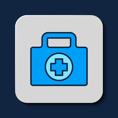 Filled outline First aid kit icon isolated on blue background. Medical box with cross. Medical equipment for emergency. Healthcare concept. Vector