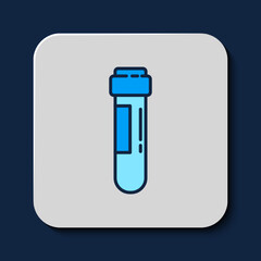 Filled outline Test tube or flask with blood icon isolated on blue background. Laboratory, chemical, scientific glassware sign. Vector