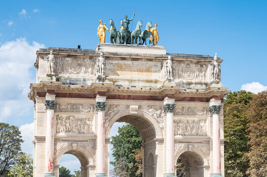 View of the Arc de Triomphe du Carrousel, a triumphal arch in Paris, located in the Place du Carrousel, France