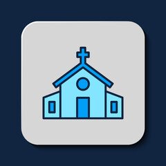 Filled outline Church building icon isolated on blue background. Christian Church. Religion of church. Vector