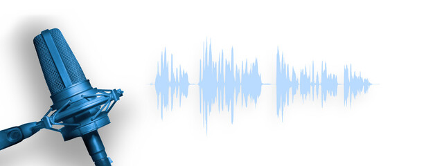 Blue studio podcast microphone with audio waveform on white background. Recording studio or...