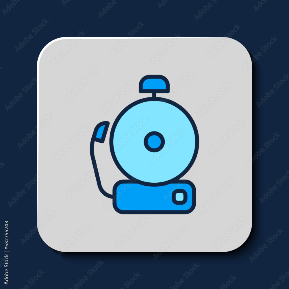 Sticker Filled outline Ringing alarm bell icon isolated on blue background. Alarm symbol, service bell, handbell sign, notification symbol. Vector