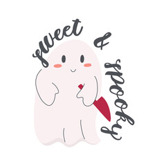 Cute ghost with a knife with brush calligraphy Sweet and spooky. Halloween hand drawn vector illustration.