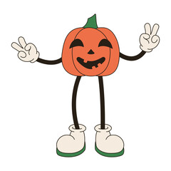 Groovy pumpkin character. Groovy retro halloween illustration isolated