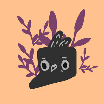 Silhouette of a jackdaw's head on a background of bushes vector illustration. Black bird head.