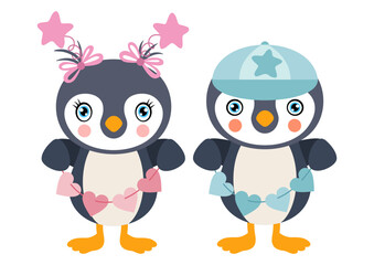 Pink and blue baby penguin holding string of hearts