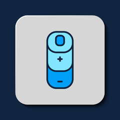 Filled outline Battery charge level indicator icon isolated on blue background. Vector