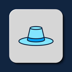 Filled outline Man hat with ribbon icon isolated on blue background. Vector