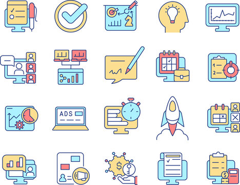 Business tools RGB color icons set. Corporate management. Strategic decision making. Isolated raster illustrations. Simple filled line drawings collection