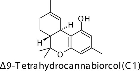 Δ9-Tetrahydrocannabiorcol molecular structure on white background. Pharmaceutical natural compound skeletal formula.